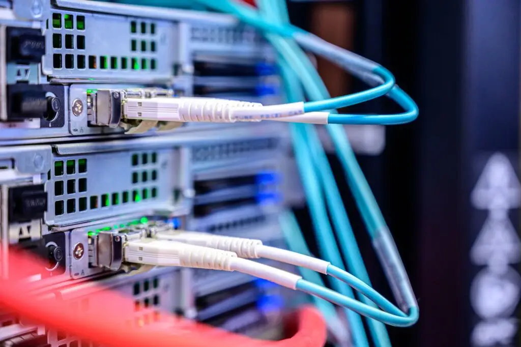 Network cables plugged into a server switch